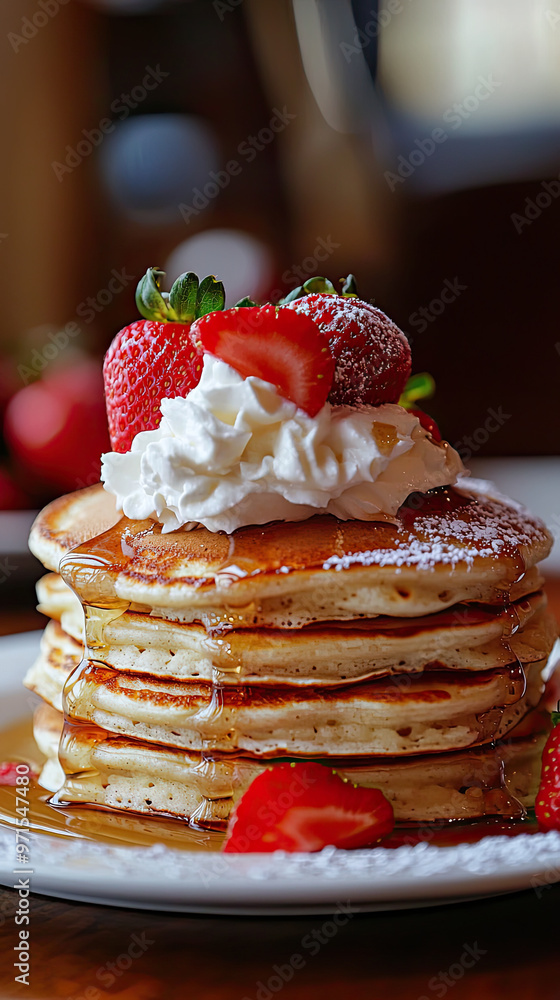 Delicious stack of pancakes drizzled with syrup and topped with strawberries Delicious stack of pancakes drizzled with syrup and topped with strawberries
