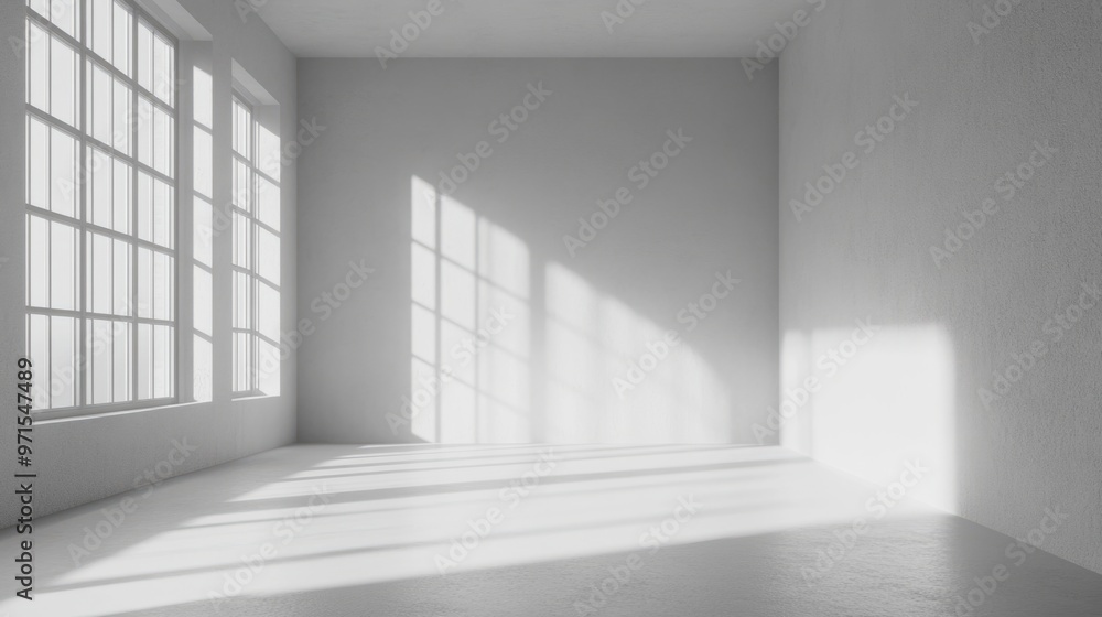 Empty room, seamless white walls, soft shadows, generative ai
