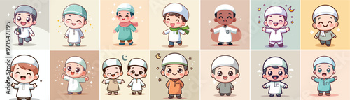  vector set of Muslim kid being cheerful