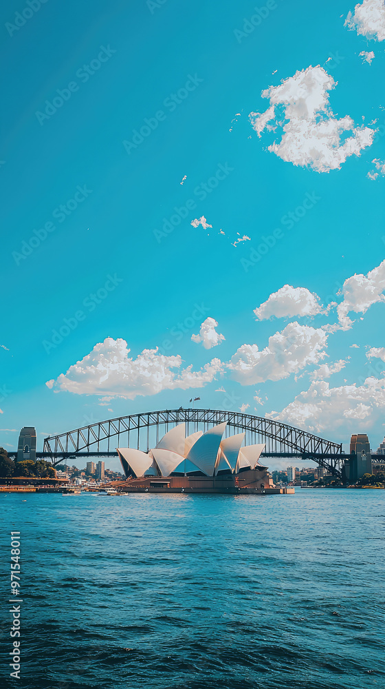 Obraz premium A stunning view of Sydney Opera House and Harbour Bridge under bright sky