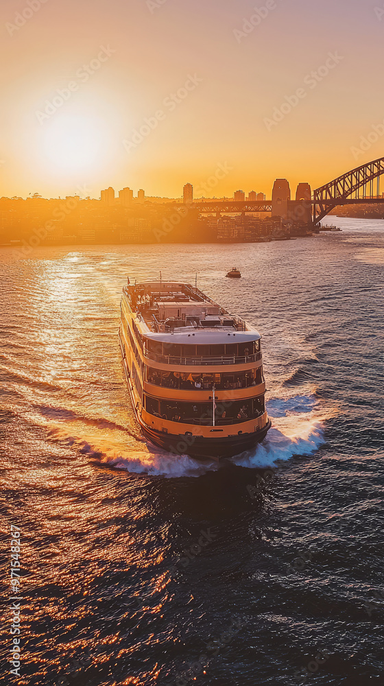 A Sydney ferry cruising across sparkling waters at sunset A Sydney ferry cruising across sparkling waters at sunset