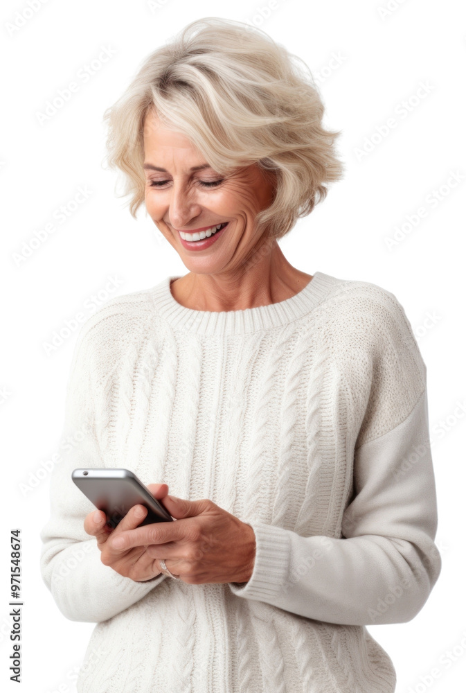 PNG Senior woman using smartphone happily PNG Senior woman using smartphone happily