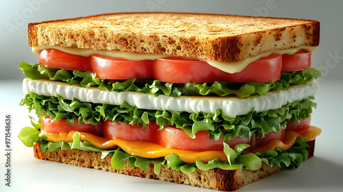 A vibrant sandwich layered with lettuce, tomatoes, cheese, and mayonnaise between toasted bread. photo