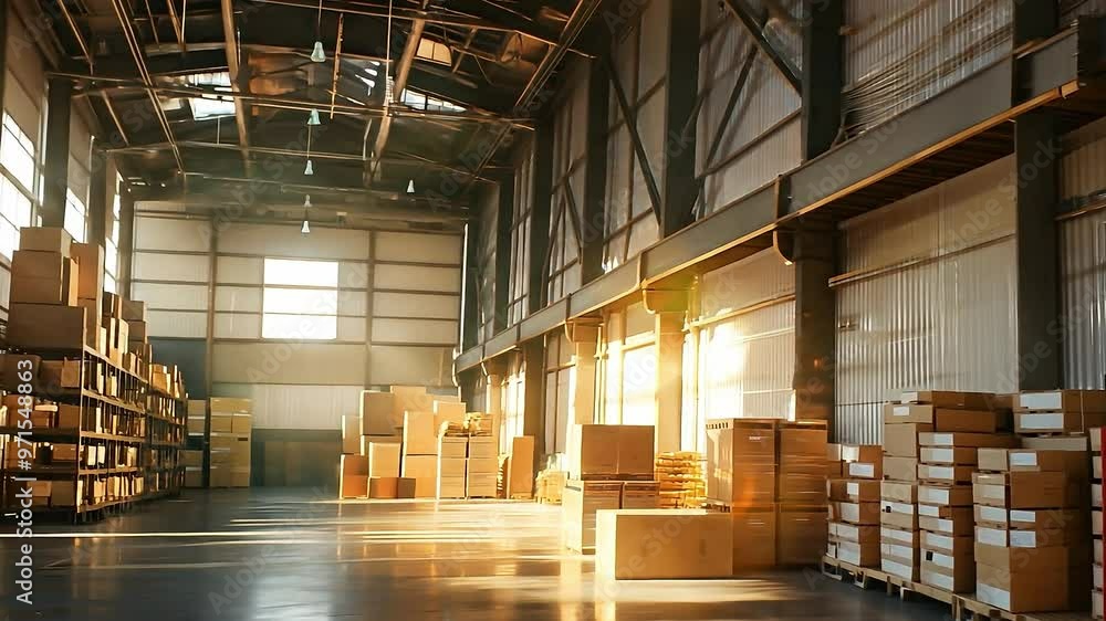 Large industrial warehouse with high racks. In the foreground are a lot of cardboard boxes Large industrial warehouse with high racks. In the foreground are a lot of cardboard boxes