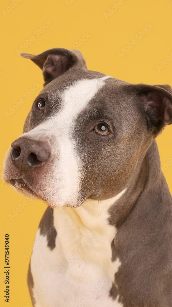 Curious Pit Bull Blue against a yellow Background Curious Pit Bull Blue against a yellow Background