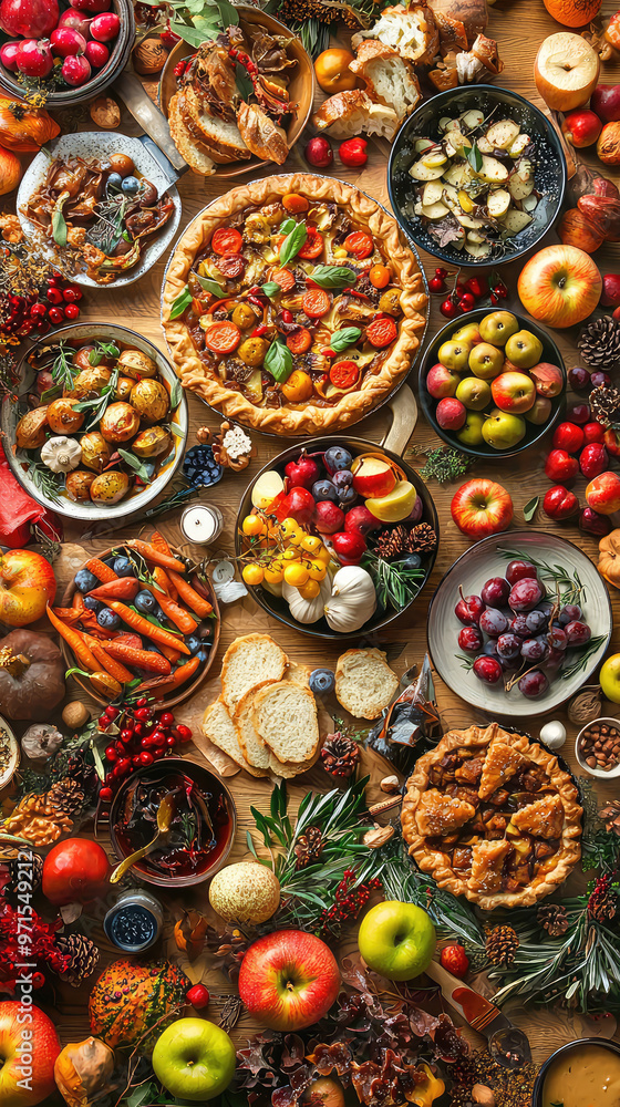 A vibrant Thanksgiving table filled with delicious roasted vegetables, pies, and fruits A vibrant Thanksgiving table filled with delicious roasted vegetables, pies, and fruits