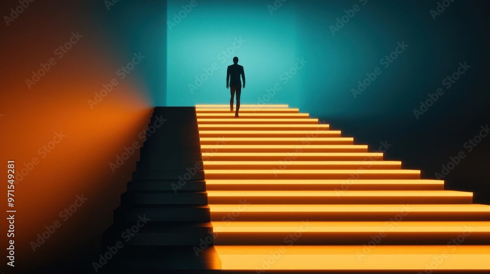 custom made wallpaper toronto digitalAscending Light: A figure walking up a staircase made of luminous blocks, each block glowing brighter as they ascend, symbolizing positive thinking leading to personal elevation