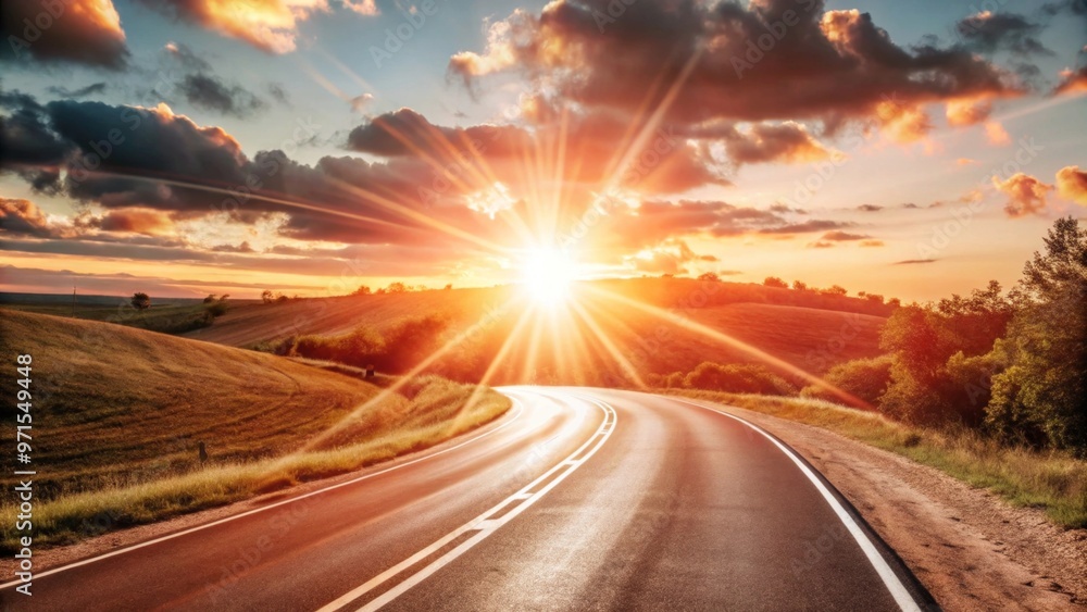 Bright sunrise illuminating a winding road, symbolizing the start of a new path. Bright sunrise illuminating a winding road, symbolizing the start of a new path.
