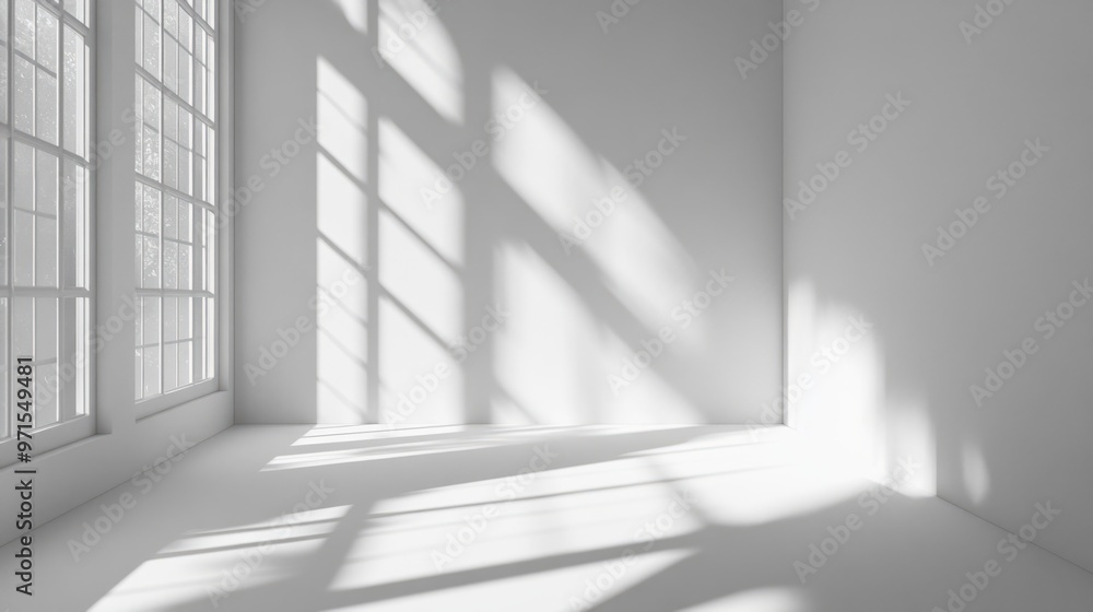 Fototapeta premium Empty room, shadow patterns on walls, white color, generative ai