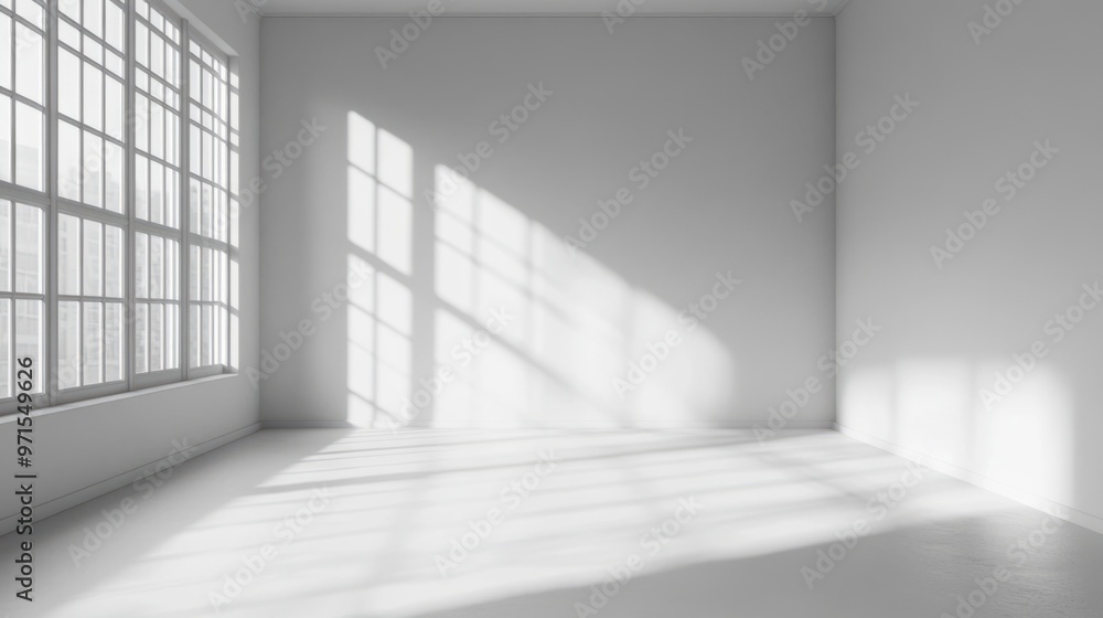Fototapeta premium Empty room, shadow patterns on walls, white color, generative ai