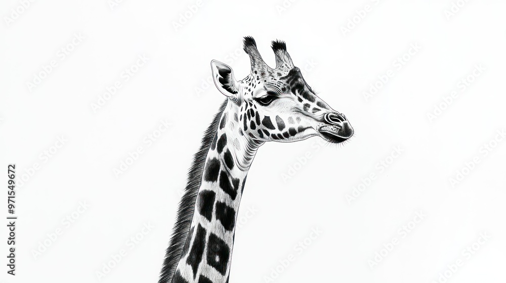 Obraz premium A Detailed Close-Up of a Giraffe's Head and Neck in Black and White