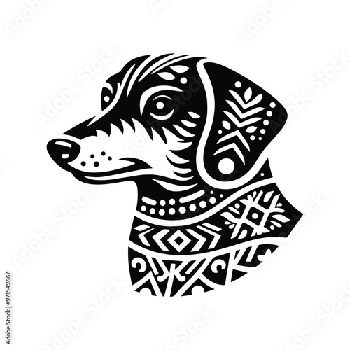 Dachshund dog in folk art black and white silhouette illustration