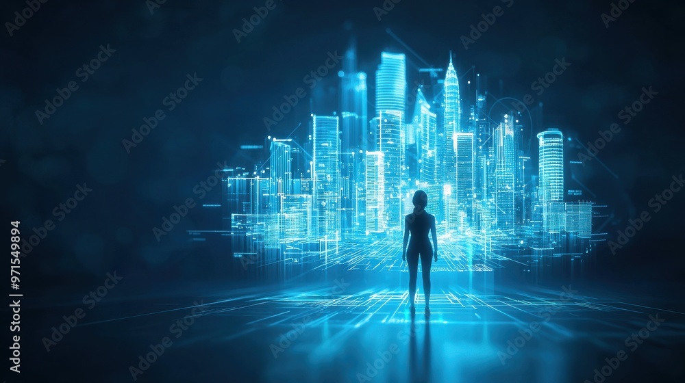 Blueprint of Dreams: An abstract image of a person standing in front of a glowing, futuristic blueprint Blueprint of Dreams: An abstract image of a person standing in front of a glowing, futuristic blueprint