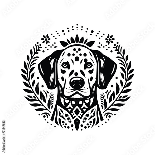 dalmatian dog in bohemian black and white silhouette illustration