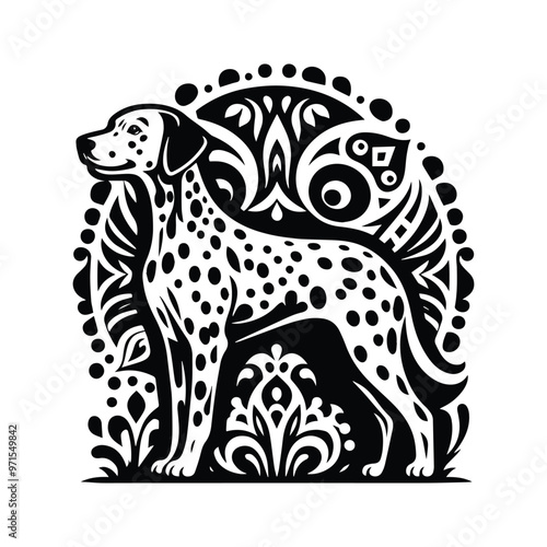 dalmatian dog in bohemian black and white silhouette illustration