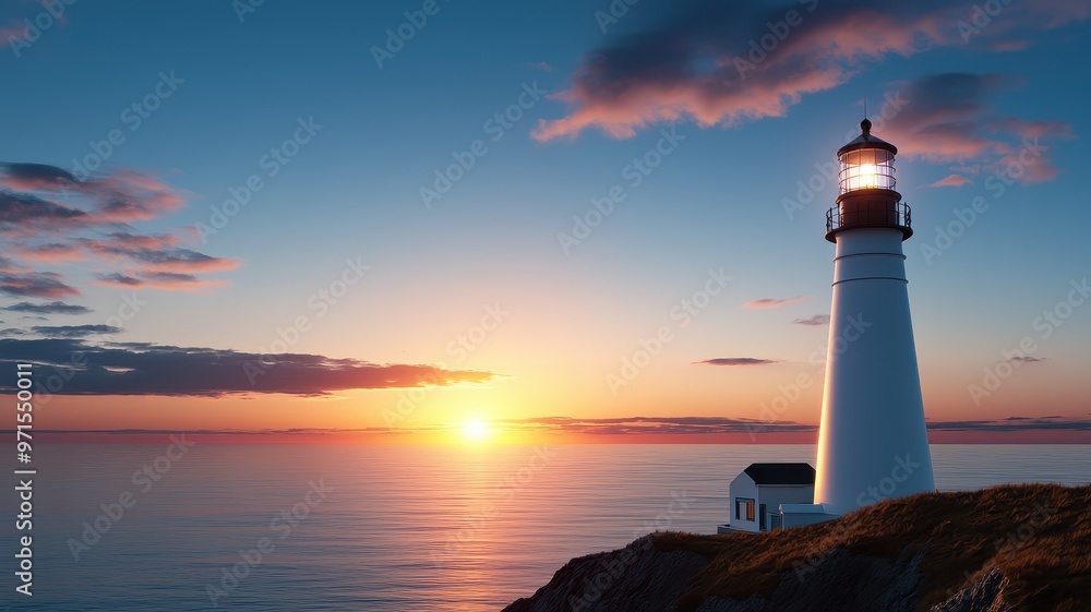 A serene lighthouse silhouette against a vibrant sunset over the tranquil sea, evoking peace and coastal beauty. A serene lighthouse silhouette against a vibrant sunset over the tranquil sea, evoking peace and coastal beauty.