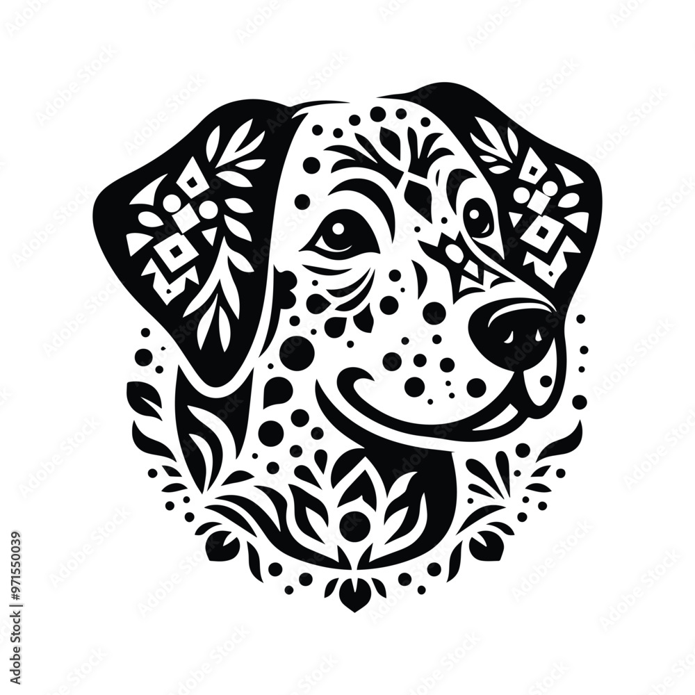 Fototapeta premium dalmatian dog in folk art black and white silhouette illustration