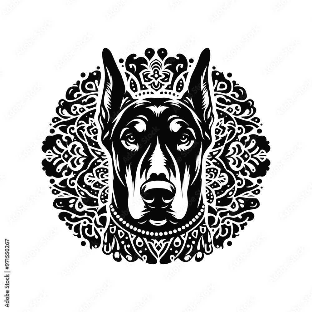 Fototapeta premium Doberman dog in bohemian black and white silhouette illustration
