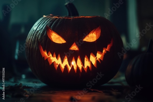 Wallpaper Mural Halloween pumpkin carved with evil smile, dark background, hallow-focus, orange and black Generative AI Torontodigital.ca