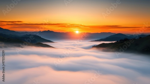 Breathtaking sunrise over misty mountains, with soft clouds blanketing the valley. A serene and tranquil nature scene awaits.