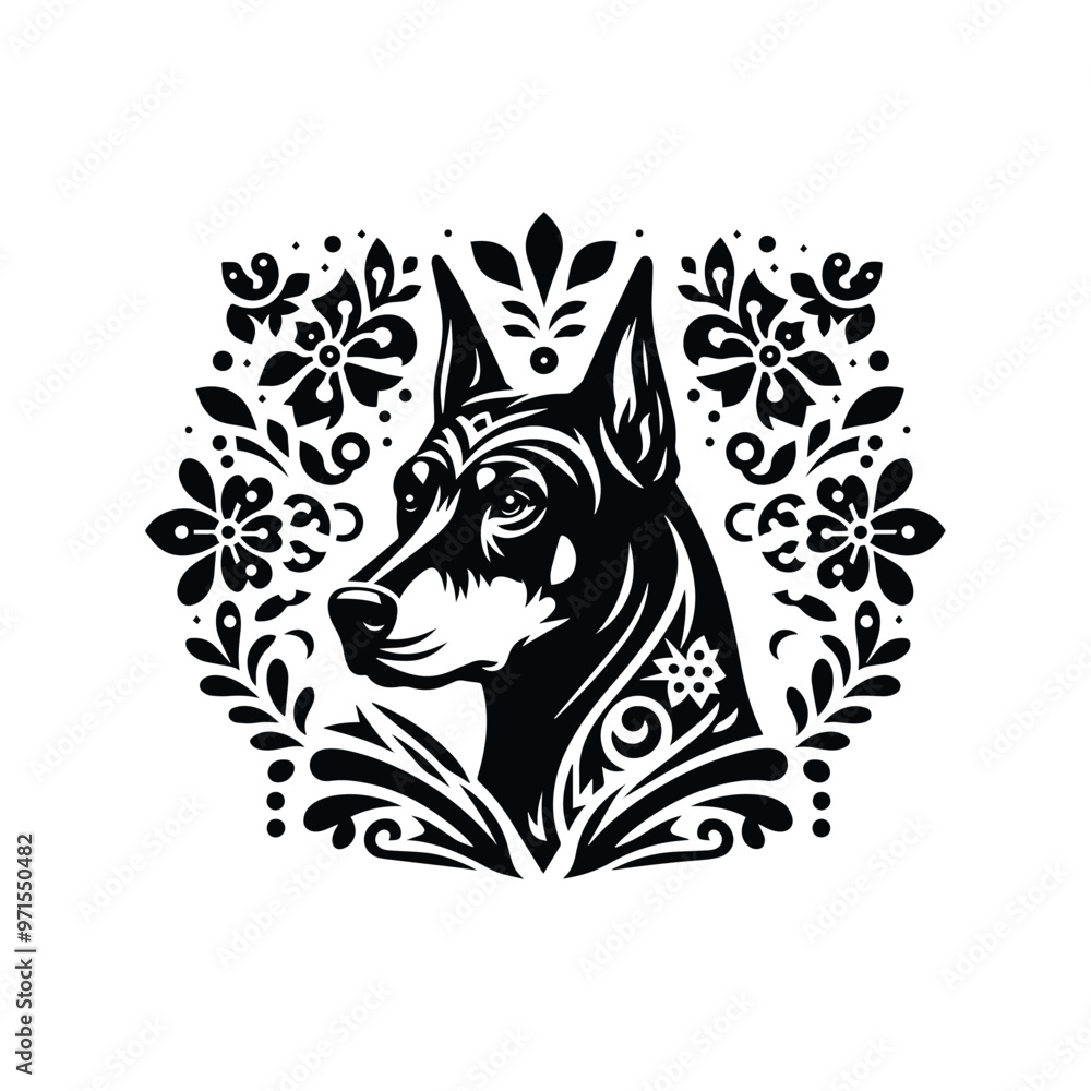 Obraz premium Doberman dog in folk art black and white silhouette illustration