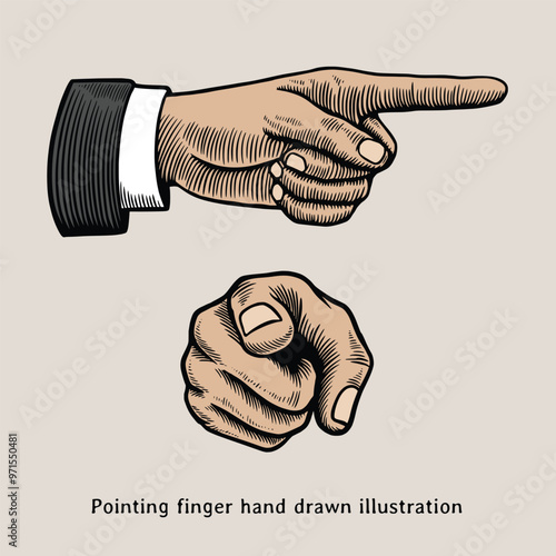 Pointing finger illustration. Vintage pointing finger hand drawn illustration in engraving style. Hand pointing illustration	