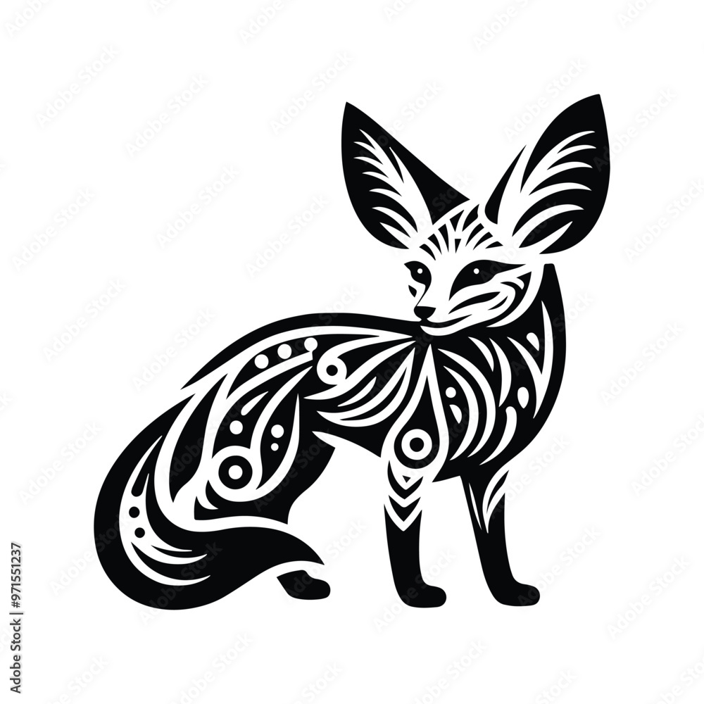 Fennec fox in folk art black and white silhouette illustration Fennec fox in folk art black and white silhouette illustration