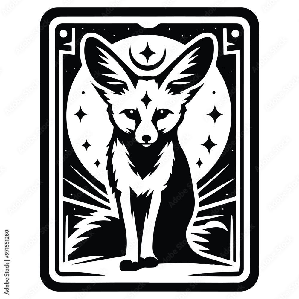 Fennec fox in Tarot card black and white silhouette illustration Fennec fox in Tarot card black and white silhouette illustration