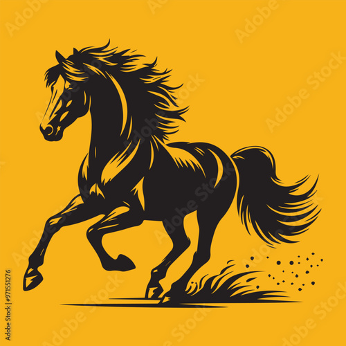 Black Silhouette of Galloping Horse on Yellow Background for Dynamic Animal Art and Design