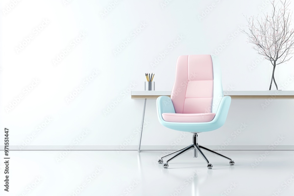 Minimalistic office scene with a modern pastel chair in front of a sleek desk, creating a serene and productive work environment. Minimalistic office scene with a modern pastel chair in front of a sleek desk, creating a serene and productive work environment.