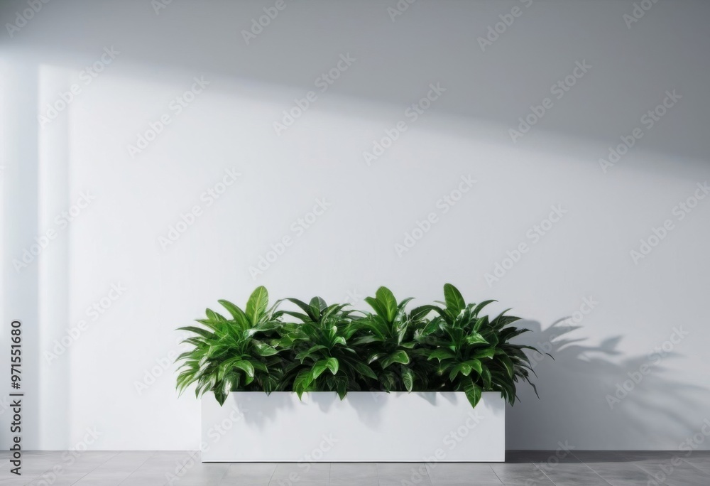 Fototapeta premium Plant on a white wall, light surface for mockup and text. ai