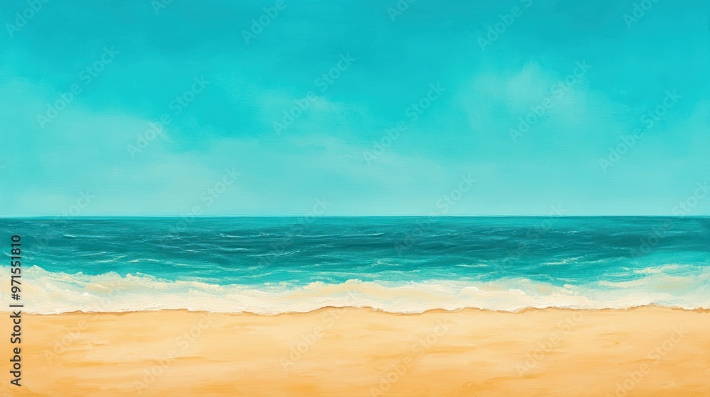 An abstract painting of a beach and ocean with a blue sky An abstract painting of a beach and ocean with a blue sky