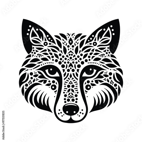 Fox in folk art black and white silhouette illustration