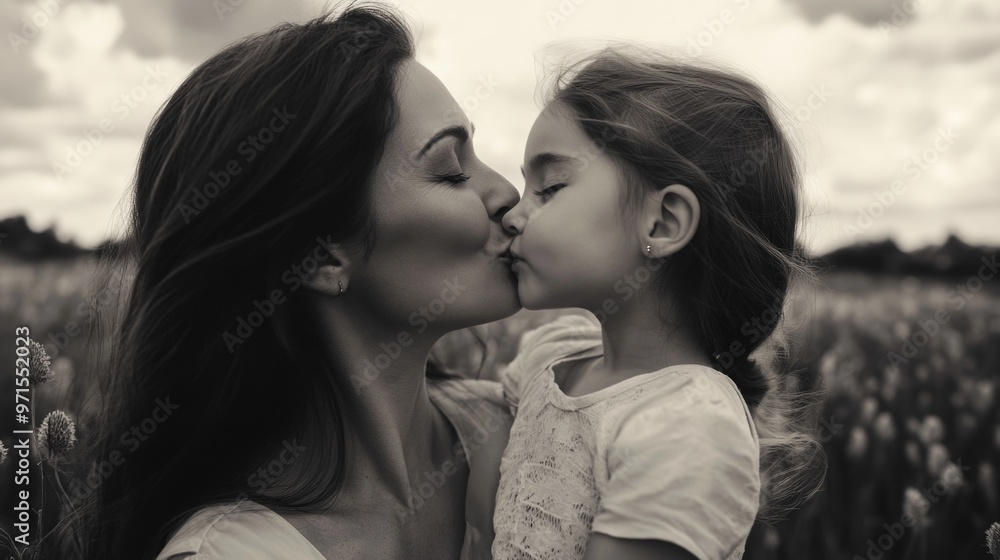 Fototapeta premium Woman kisses young girl in open field