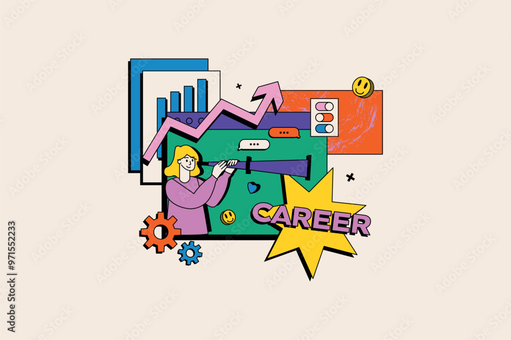 Career opportunities concept in the flat cartoon style. Bright career planning illustration with a woman looking through a telescope, bar chart, gears, arrows. Vector illustration. Career opportunities concept in the flat cartoon style. Bright career planning illustration with a woman looking through a telescope, bar chart, gears, arrows. Vector illustration.