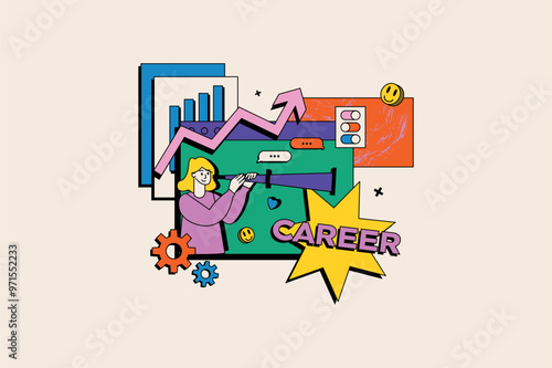 Career opportunities concept in the flat cartoon style. Bright career planning illustration with a woman looking through a telescope, bar chart, gears, arrows. Vector illustration.