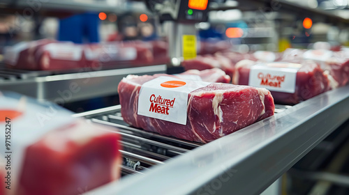 Packaged cultured meat on processing line in modern production facility