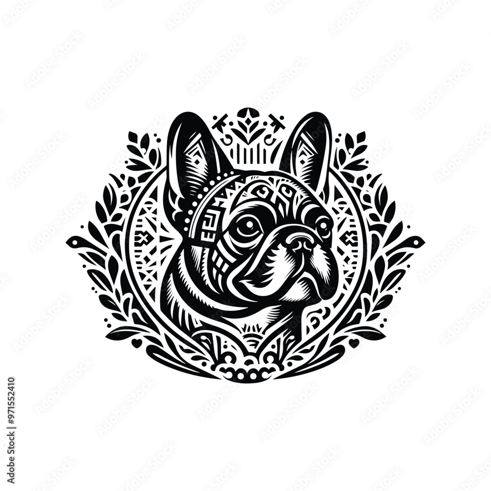 Fototapeta premium French Bulldog in folk art black and white silhouette illustration