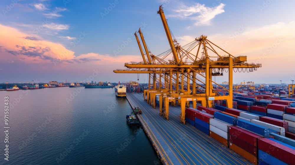 A vibrant sunset view over a busy shipping port, showcasing cranes and containers on the waterfront. A vibrant sunset view over a busy shipping port, showcasing cranes and containers on the waterfront.