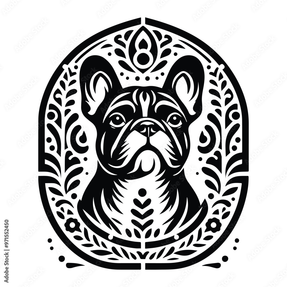 French Bulldog in folk art black and white silhouette illustration French Bulldog in folk art black and white silhouette illustration
