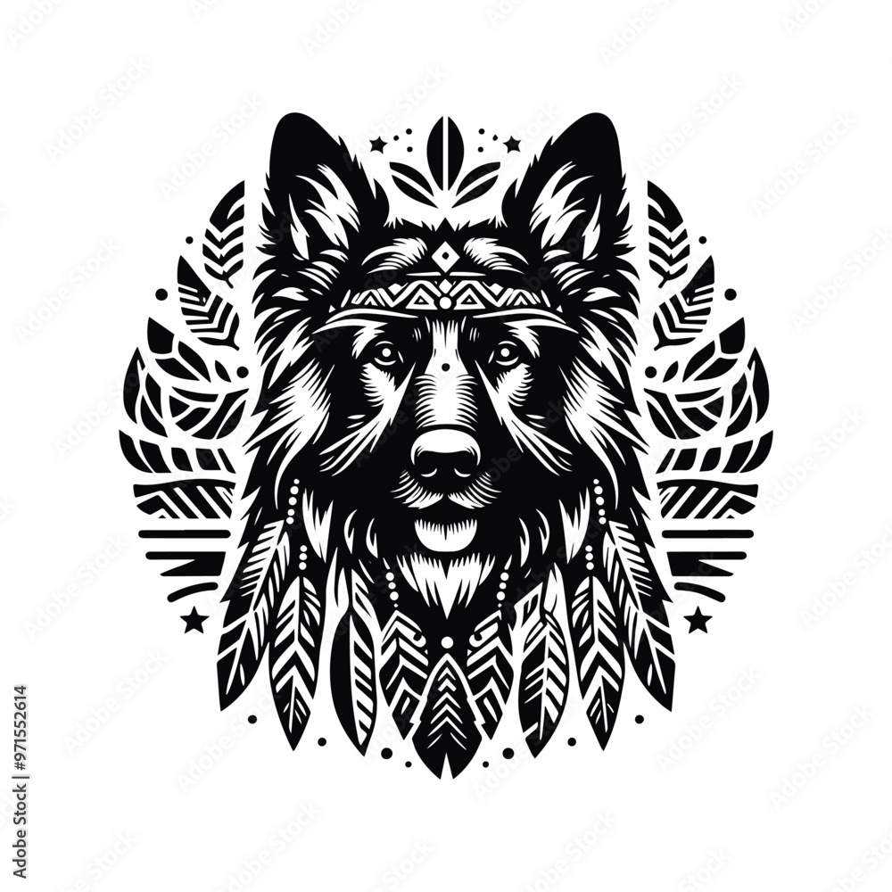 Obraz premium German Shepherd dog in bohemian black and white silhouette illustration