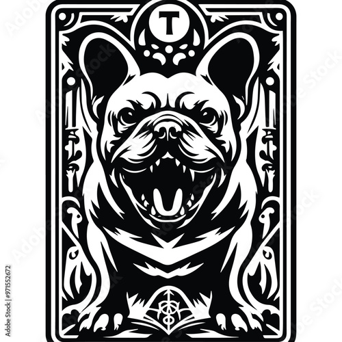 French Bulldog in Tarot card black and white silhouette illustration