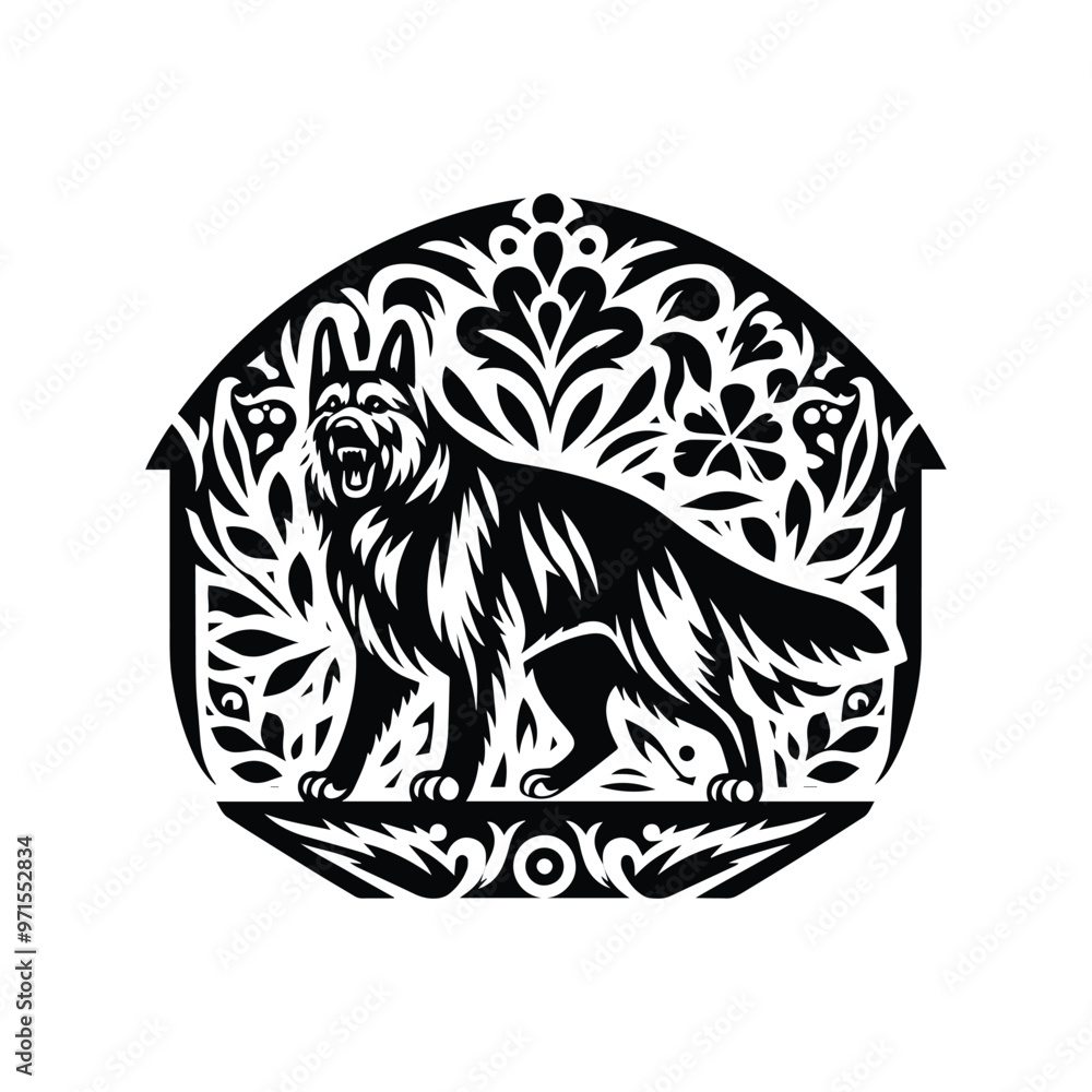 German Shepherd dog in folk art black and white silhouette illustration German Shepherd dog in folk art black and white silhouette illustration
