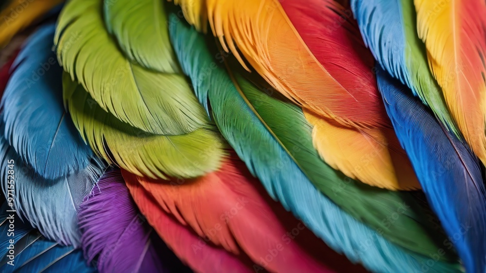 Obraz premium Close-up of vibrant, colorful feathers showcasing a range of hues and textures.