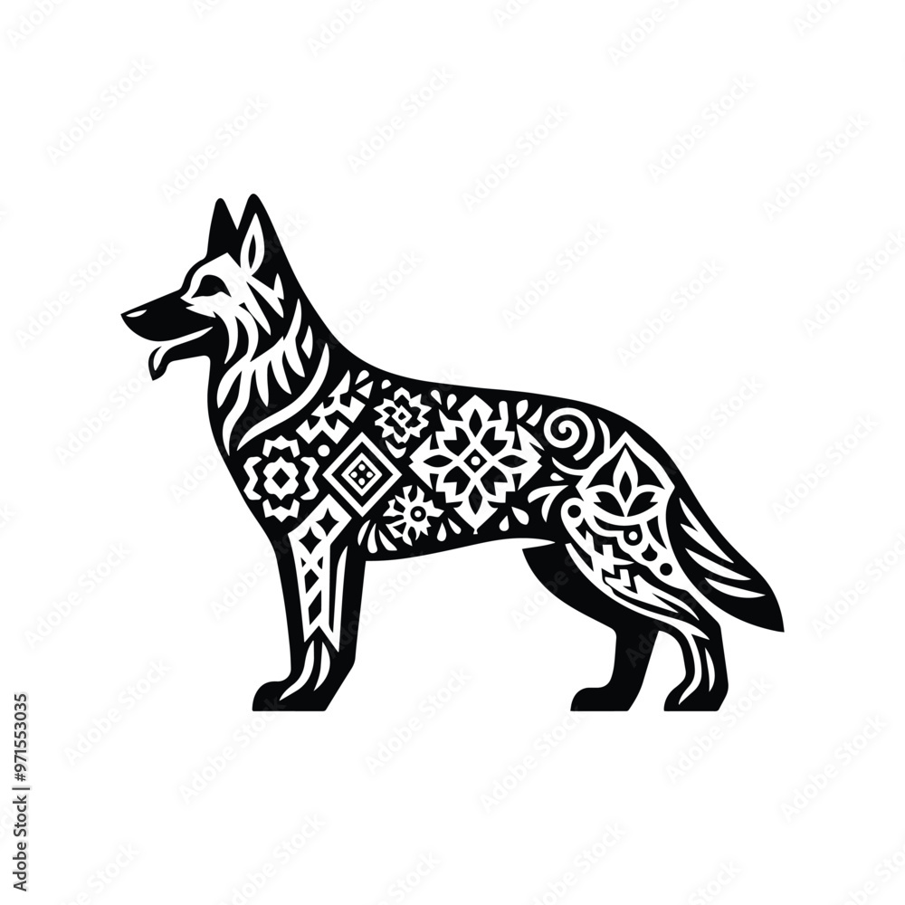 Fototapeta premium German Shepherd dog in folk art black and white silhouette illustration