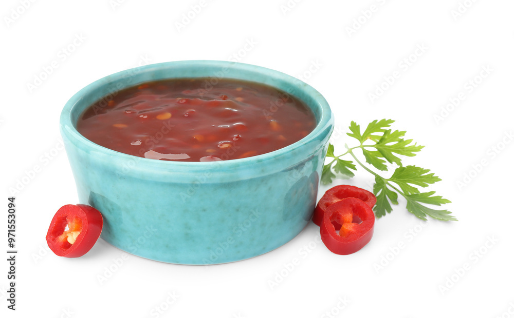 Hot chili sauce in bowl, parsley and cut pepper isolated on white Hot chili sauce in bowl, parsley and cut pepper isolated on white