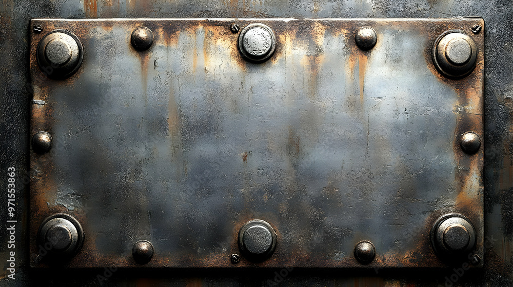A weathered metal plate with rivets, suggesting industrial or architectural use. A weathered metal plate with rivets, suggesting industrial or architectural use.