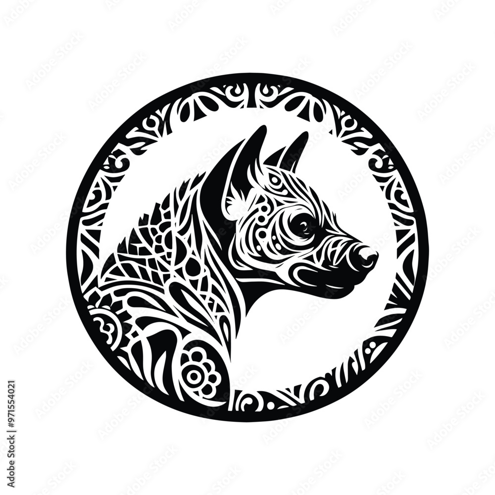 hyena in folk art black and white silhouette illustration hyena in folk art black and white silhouette illustration
