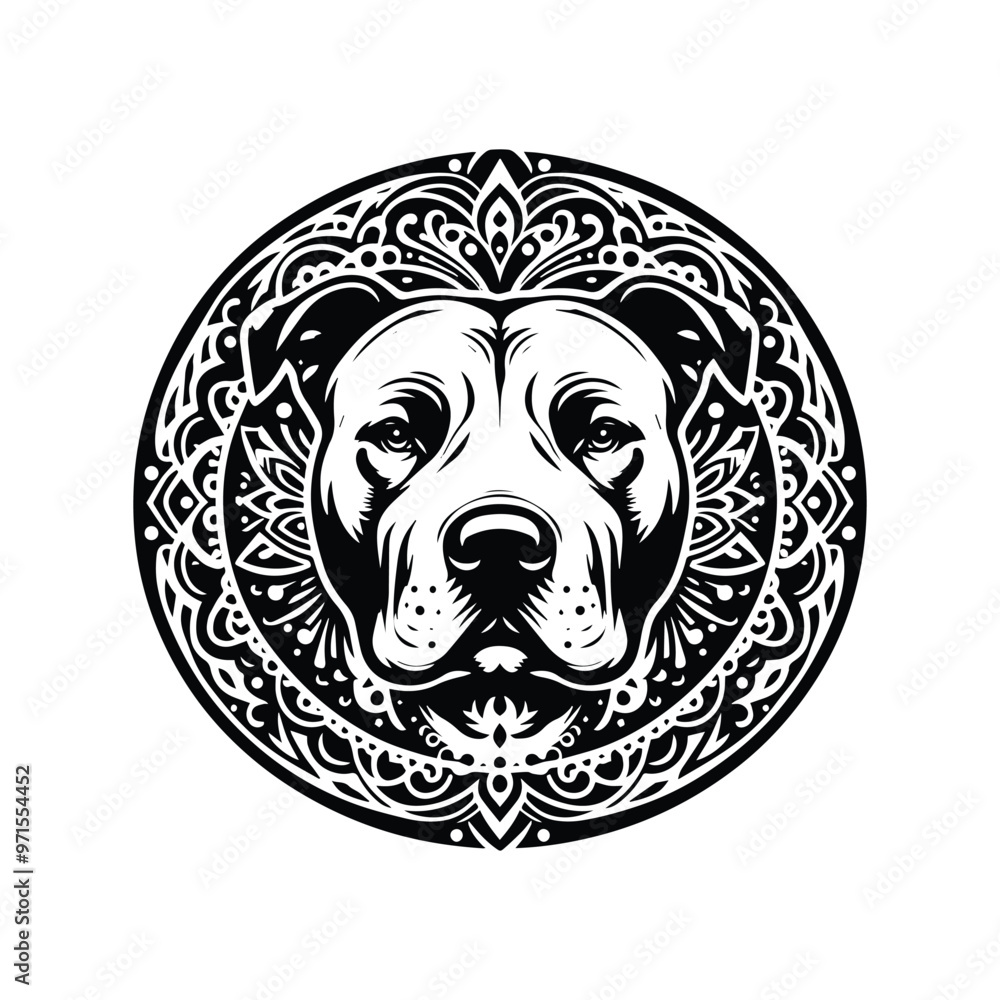 Fototapeta premium pitbull dog in bohemian black and white silhouette illustration