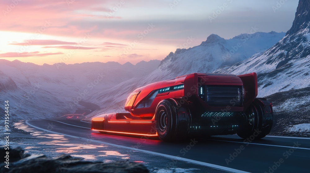 Naklejka premium Futuristic red car driving on a winding road in the mountains at sunset.